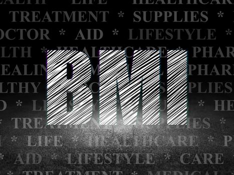 Health concept: Glowing text BMI in grunge dark room with Dirty Floor, black background with  Tag Cloud