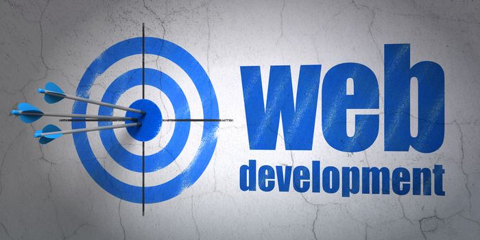 Success web development concept: arrows hitting the center of target, Blue Web Development on wall background, 3D rendering