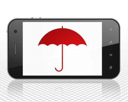 Privacy concept: Smartphone with red Umbrella icon on display, 3D rendering