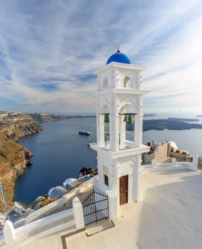 Blue and white orthodox church bell tower. Firostefani, Santorini Greece. Copyspace