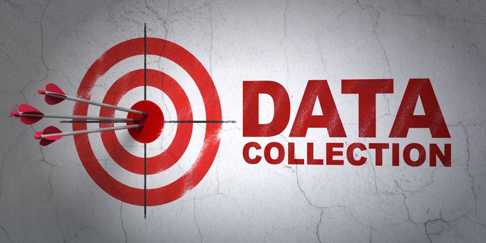 Success Information concept: arrows hitting the center of target, Red Data Collection on wall background, 3D rendering