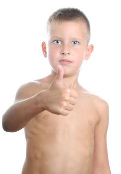 photo of young muscular posing naked torso holding raised his finger up and arms up isolated over white background