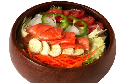 Salad bowl with smoked salmon on white background