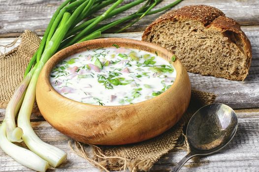 Okroshka,a cold summer soup of fresh vegetables,meat and yogurt