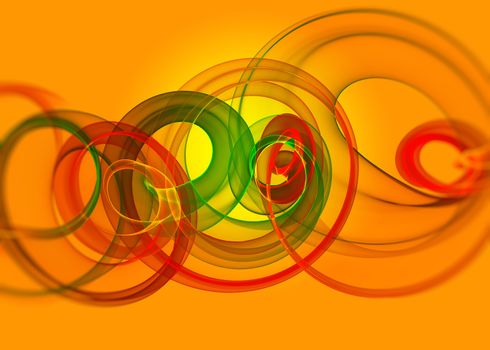 holyday glass transparent rainbow curved spiral and sircles over yellow orange Abstract Background.  horizontal Illustration
