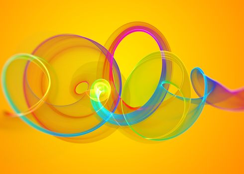 holyday glass transparent rainbow curved spiral and sircles over yellow orange Abstract Background.  horizontal Illustration