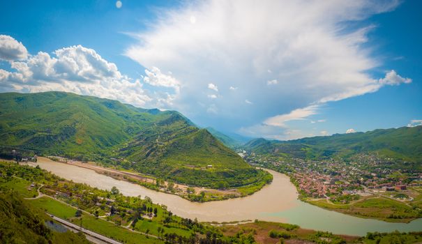 Panoramic view of the Caucasus mountains in Georgia