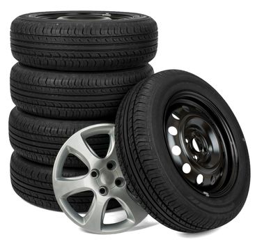 Closeup of five tires with wheel cap, isolated over white background