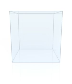 Glass cube. Transparent box. Showcase for project presentation. Isolated on white background. 3d illustration