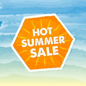 hot summer sale banner - text in orange hexagon label over yellow blue drawn background, business seasonal shopping concept