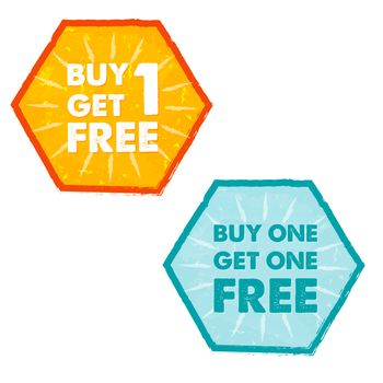 buy one get one free - text in orange and blue grunge flat design hexagons labels, business shopping concept