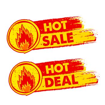hot sale and deal on fire banners - text in yellow and red drawn labels with flames signs, business shopping concept