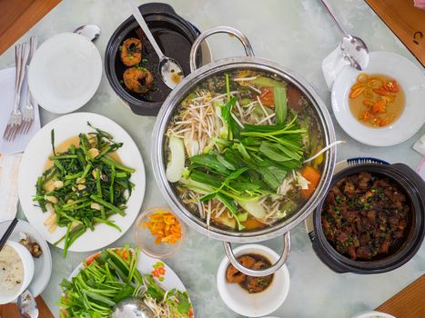 Vietnamese food at a lunch table in Vietnam