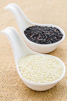 White sesame and black sesame seeds on white spoon