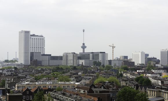 skyline of rotterdam city in Holland with the euromast and other architecture 