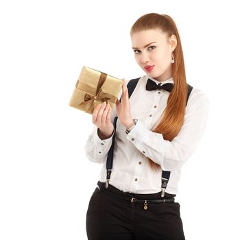 Portrait of beautiful young woman in strict clothing with bow tie isolated on white background