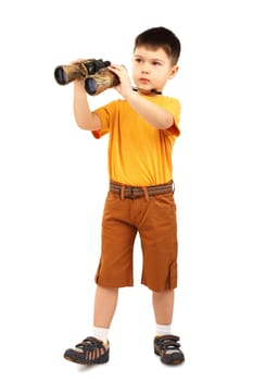 Little boy looking through binoculars isolated on white background