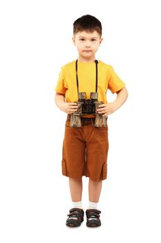 Little boy holding a pair of binoculars isolated on white background