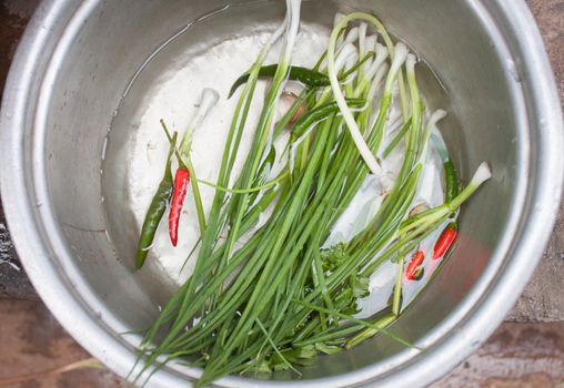 Peppers and onions in water for cooking.