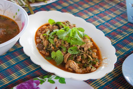 spicy chicken or beef salad with mint.