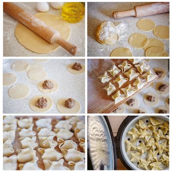 Collage of cooking pasta, dumplings, steamed гёдза. Cooking homemade dumplings. Pasta ravioli.