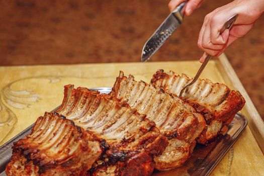 Pork ribs are prepared in the restaurant