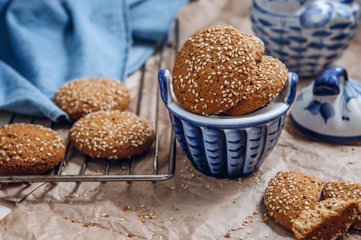 Oatmeal cookies with sesame seeds. Oatmeal chip cookies shot closeup.