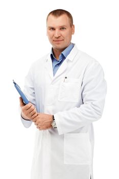 Portrait of a young male doctor in a white coat against a white background