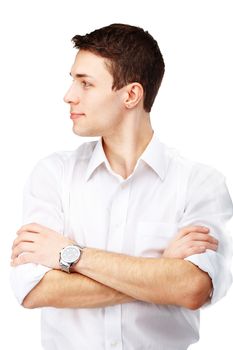 Half-face portrait of handsome man against white background
