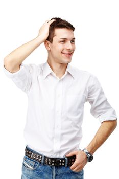 Portrait of handsome smiling sexy man against white background