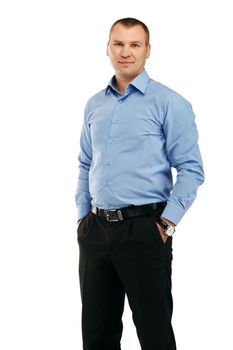 Portrait of a young handsome smiling man in a representative strict clothing isolated on white background