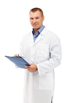 Portrait of a young male doctor in a white coat against a white background