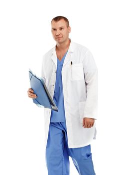 portrait of a young male doctor in a medical surgical blue uniform in motion leaving the operating room against a white background