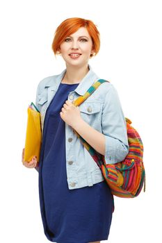 Portrait of diligent girl student with folders and backpack university or college with colored backpack Isolated on white background