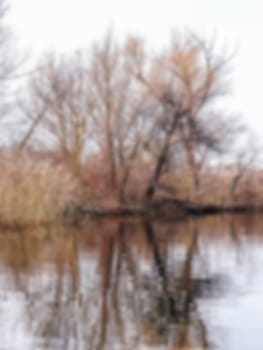 Landscape with river. Bare trees on river bank reflected in water. Row of trees reflected in water. Late autumn on the river, blured