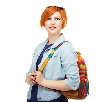 Portrait of diligent girl student university or college with colored backpack Isolated on white background