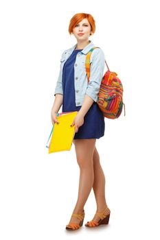 Full length portrait of diligent girl student with folders and backpack university or college with colored backpack Isolated on white background