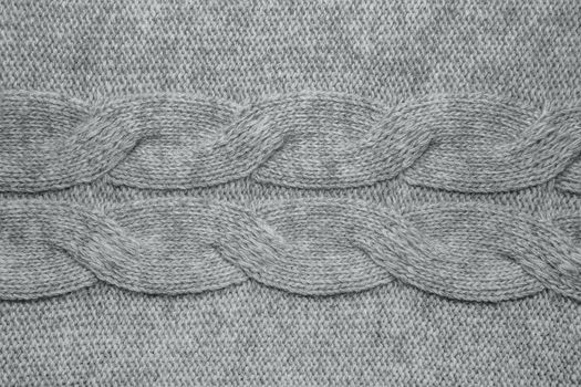 Wool sweater texture close up. Knitted jersey background with a relief pattern. Braids in machine knitting pattern