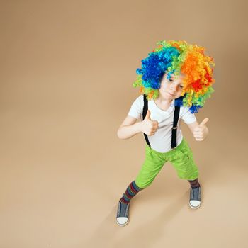 Blithesome children. Happy clown boy with large colorful wig. Little boy in clown wig dancing and having fun. Portrait of a child shot on a wide-angle lens. Birthday boy. Top view portrait