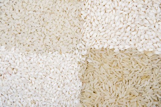 Rice background, uncooked raw cereals, macro closeup. Various color and shape varieties of rice