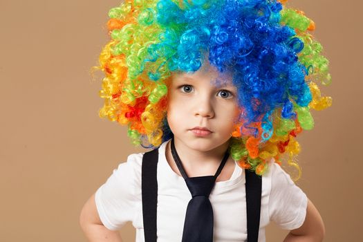 Little boy in clown wig smilling and having fun. Happy clown boy with large colorful wig. Birthday boy. Little clown boy with colorful hair. Positive emotions.