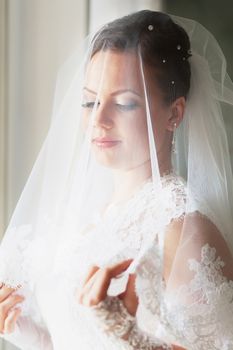 Beautiful happy bride with a veil on her head standing near the window. Natural light from the windows.