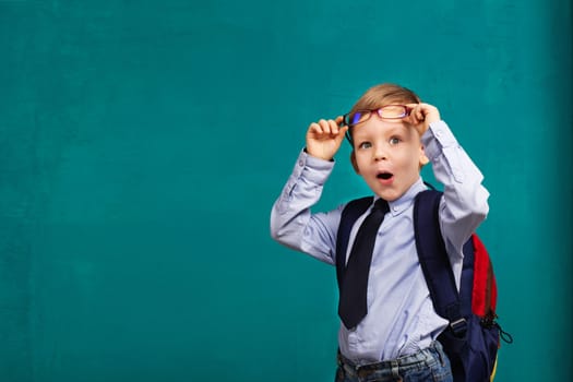 little Boy in eyeglasses with big backpack. School, kid, rucksack. Cheerful smiling little boy opens his mouth in surprise. Looking at camera. School concept. Back to School
