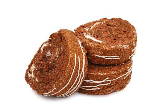 Slices of sweet chocolate roll cake isolated on white background
