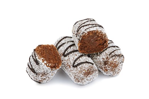 chocolate cake with coconut isolated on white background