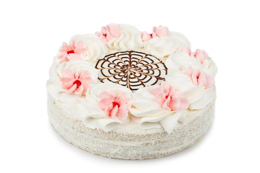 White Chocolate cake decorated with cream flowers isolated on white background