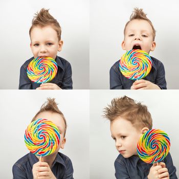 A boy in a denim shirt eating lollipop. Happy kid with a big candy on white background. Collage from four photos