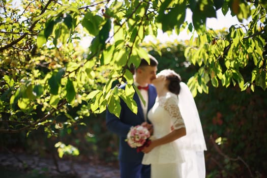 the bride and groom kiss in the garden, blurred