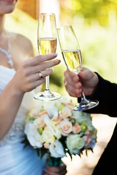 Bride and groom clinking glasses on wedding-day. Bride and groom with champagne glasses clink