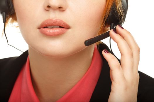 Closeup portrait of female customer service representative or call center worker or operator or support staff speaking with head set, isolated on white background
